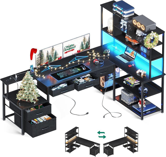 79 Inch L Shaped Desk with File Drawers, Reversible L Shaped Gaming Desk with Power Outlets & LED Lights, Computer Desk with Storage Shelves for Home Office, Black-0