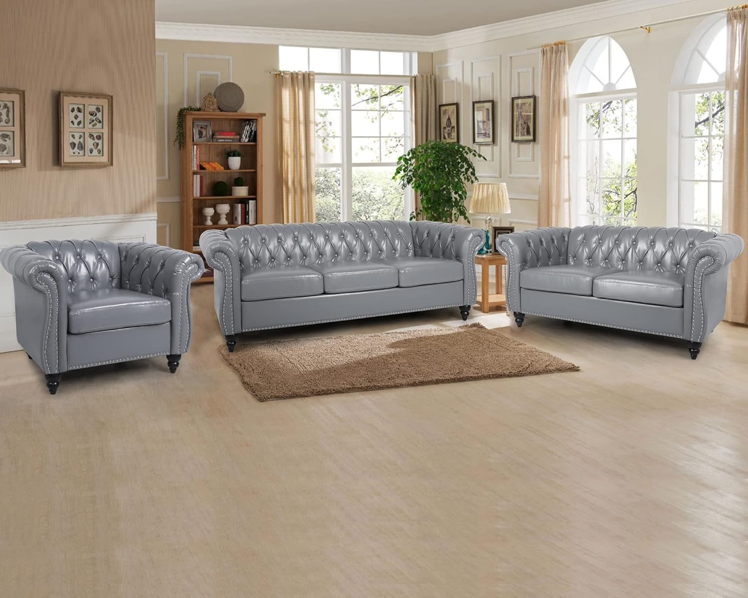 Modern 2 Pieces Living Room Sofa Set, Tufted Button Faux Leather Chesterfield Three-Seater Couch and Chesterfield Loveseat with Nailhead Trim Scroll Arms for Home Furniture, Grey-2