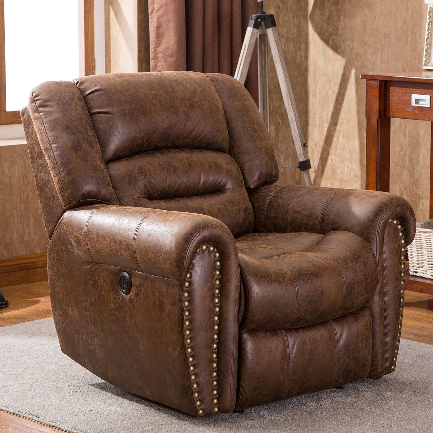 Electric Recliner Chair W/Breathable Bonded Leather, Classic Single Sofa Home Theater Recliner Seating W/USB Port (Nut Brown)-0