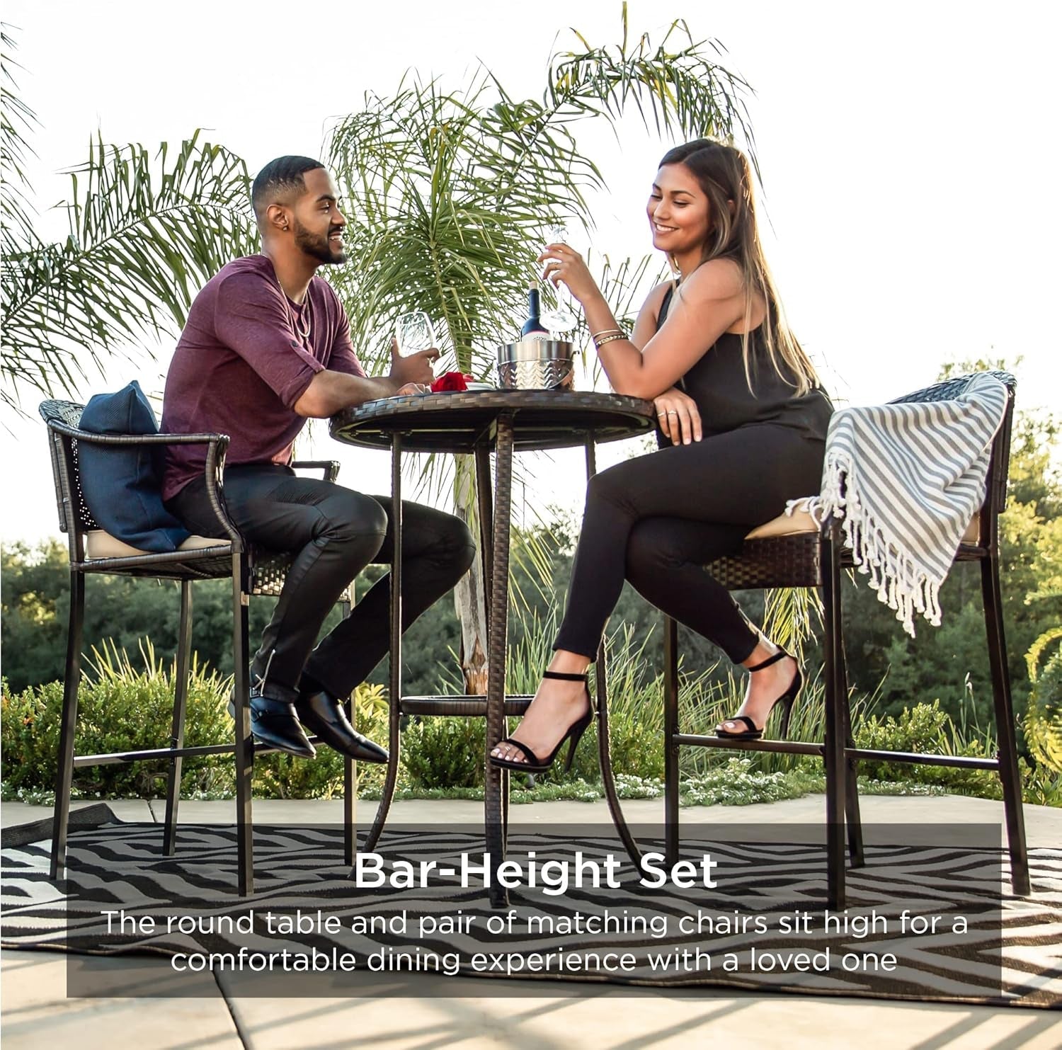 3-Piece Patio Bar Table Set, Outdoor Wicker Bar Height Bistro Furniture for Backyard, Poolside, Balcony W/Barstools, Cushions, Steel Frame – Brown/Beige-1