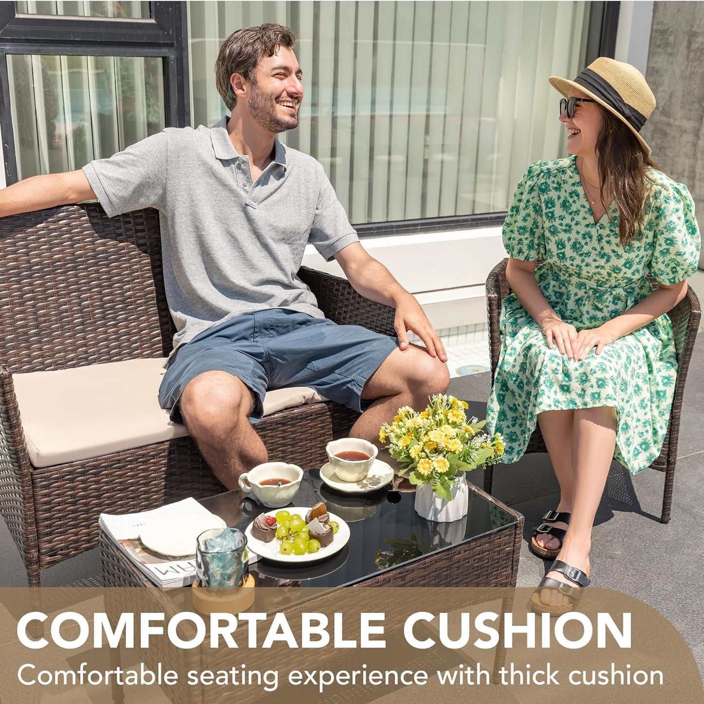 4 Pieces Outdoor Patio Furniture Set, PE Rattan Wicker Chairs Balcony Lawn Porch Patio Furniture Sets with Beige Cushion and Table (Brown)-2