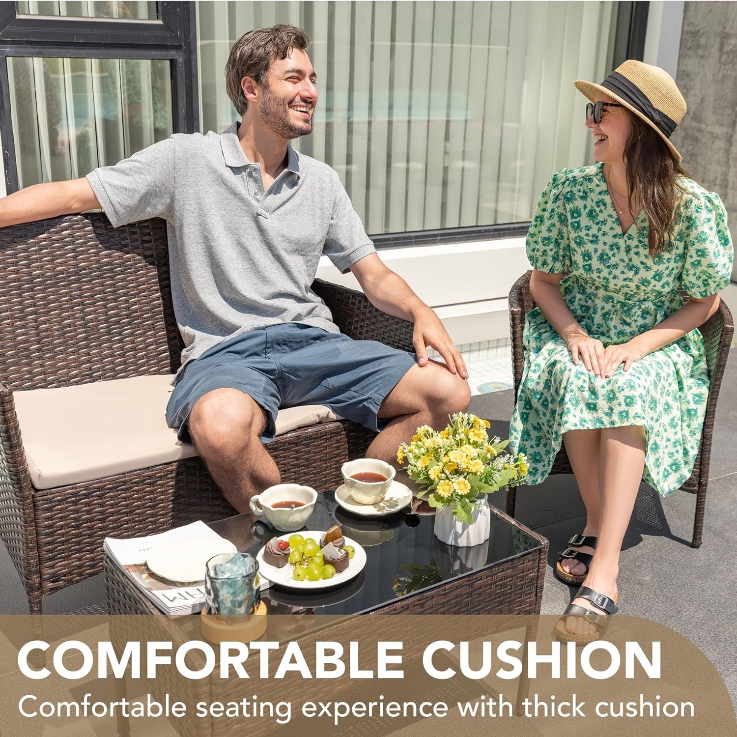 4 Pieces Outdoor Patio Furniture Set, PE Rattan Wicker Chairs Balcony Lawn Porch Patio Furniture Sets with Beige Cushion and Table (Brown)-2