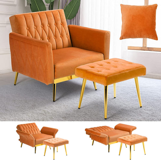 Velvet Accent Chair with Adjustable Armrests, Orange-1