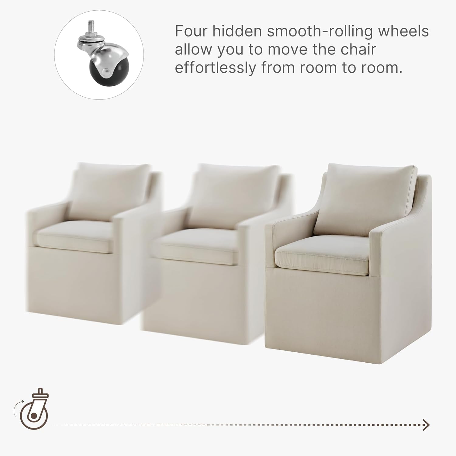 Upholstered Dining Chair with Casters Washable Cover Side Deskchair with Rollers for Diningroom Living Room,Set of 2,Flax Beige-3