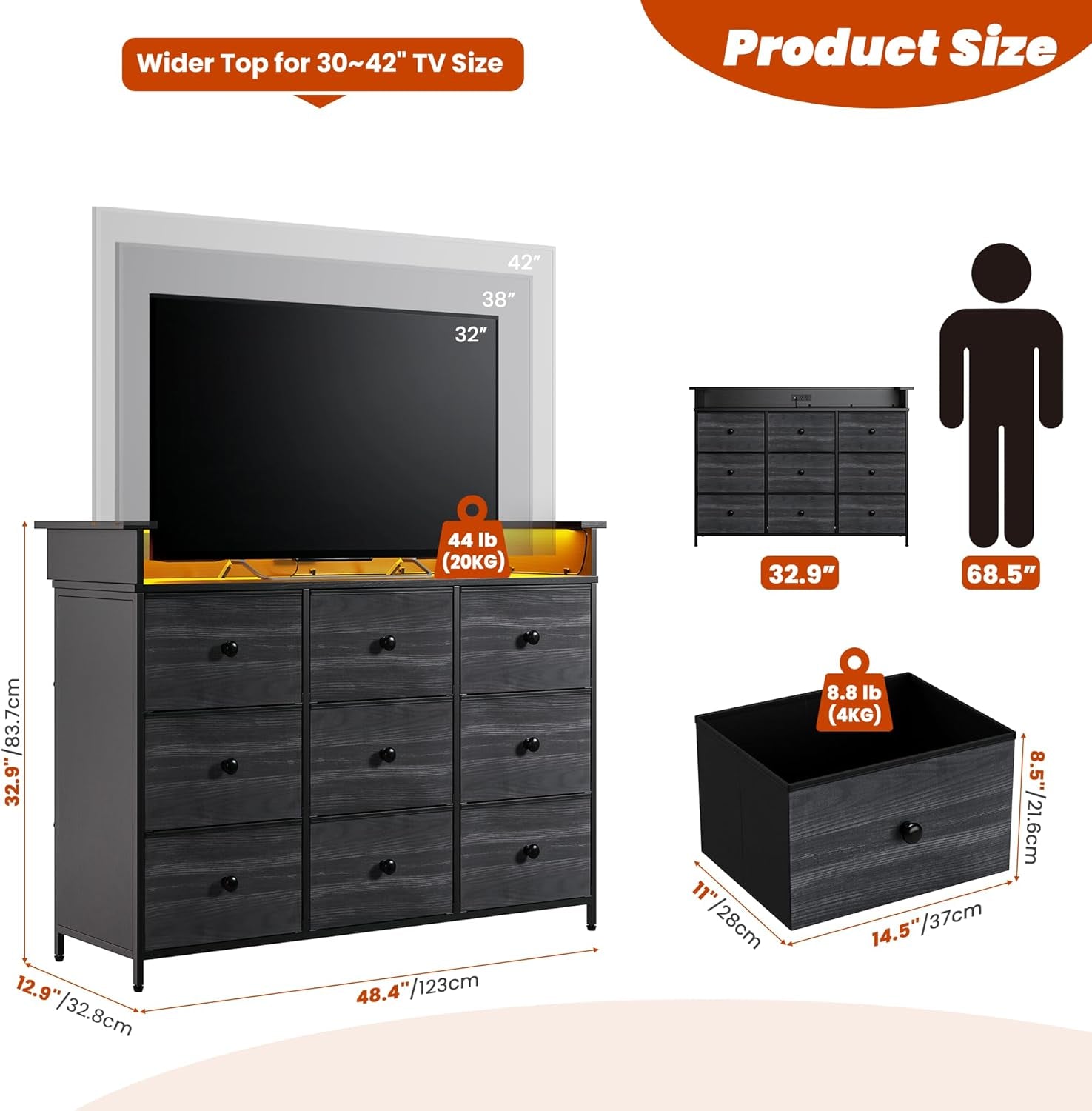 9 Drawer Dresser for Bedroom, TV Stand for Bedroom, Black Dresser with LED Light,Fabric Dresser for Hallway Entryway (Black Wood Grian)-1