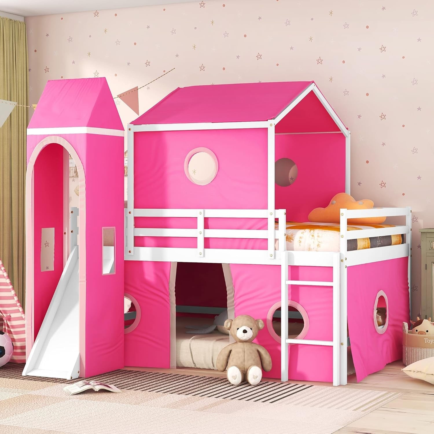 Full over Full House Bunk Bed, Kids Playhouse Bed, Solid Wood Bunk Bed Frame with Slide Pink Tent and Tower, for Girls and Boys, Pink-0