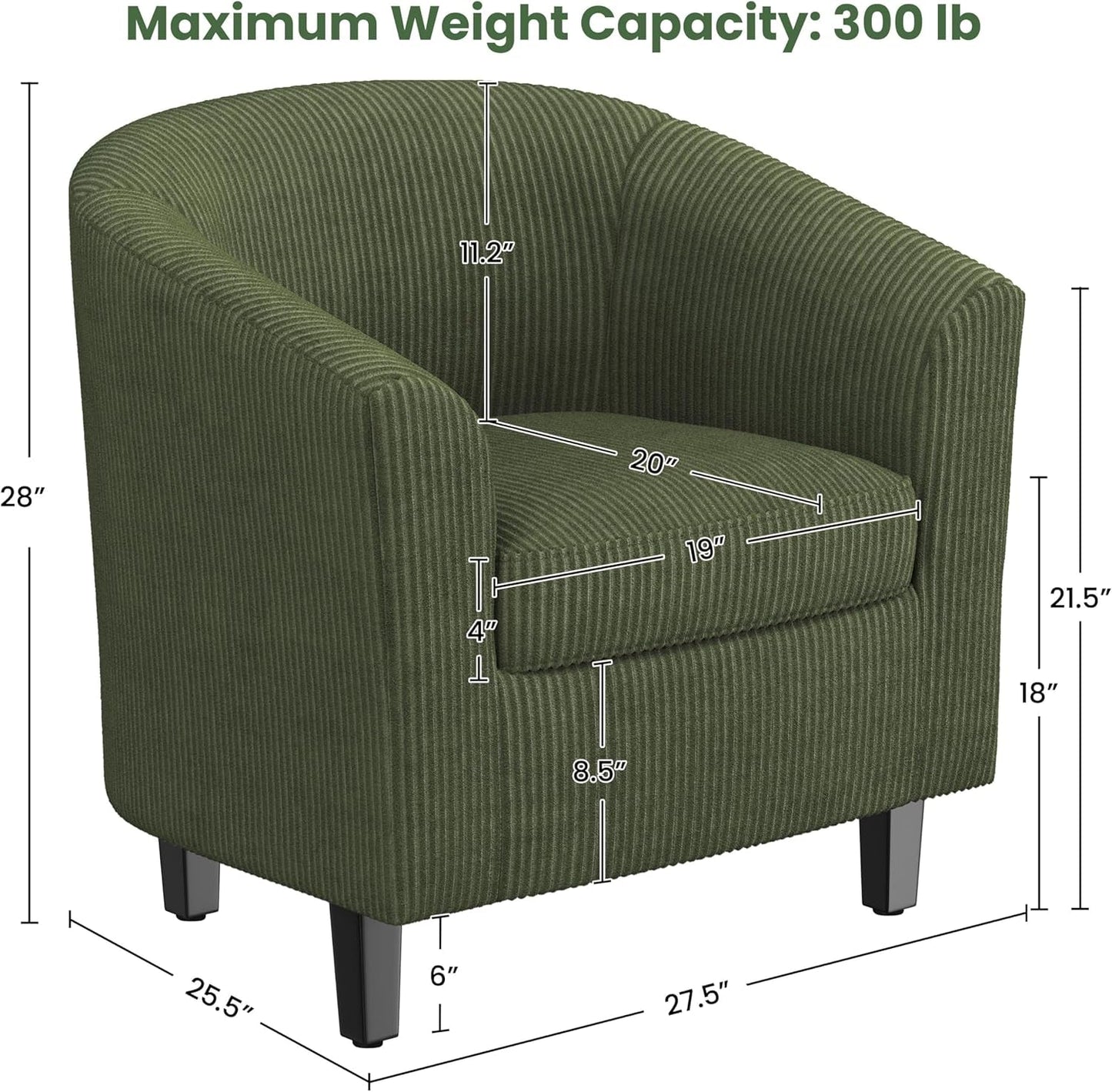Corduroy Barrel Chairs Set of 2, Upholstered Club Chairs Accent Chairs, round Armchairs Waiting Room Chairs with Soft Cushion for Living Room Bedroom Reading Room, Dark Green-2