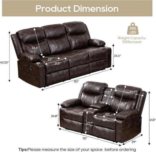 Recliner Sofa Set - Reclining Sofa Couch Set, 2 Pieces Recliner Furniture Sofa Set, 3-Seater Reclining Sofa & 2-Seater Reclining Loveseat with Massage & Heat for Living Room (Brown)-1