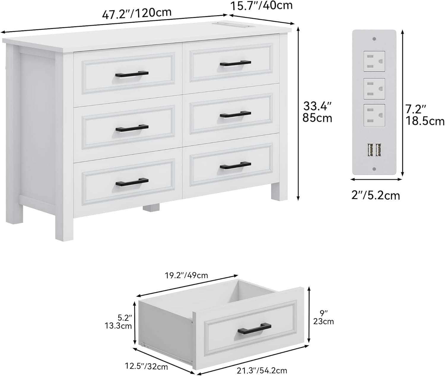 6-Drawer Dresser with Built-In Power Outlet, Wood Dresser TV Stand with 6 Large Drawers and Bar Handles, White Dresser Chest of Drawers for Living Room, Hallway, Entryway-2