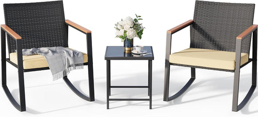 3 Pieces Rocking Patio Bistro Set with Anti-Scald Armrest, Outdoor Patio Wicker Furniture Set with Glass Table and Cushion for Garden, Yard, Porch-0