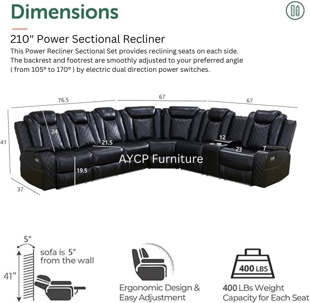 Power Recliner Sofa Sectional Sofa with LED Light for Living Room, Air Leather Reclining Corner Sectional Sofa Set, Cup Holder, Storage Console for Home Theater Seating (Black, Sectional)-1
