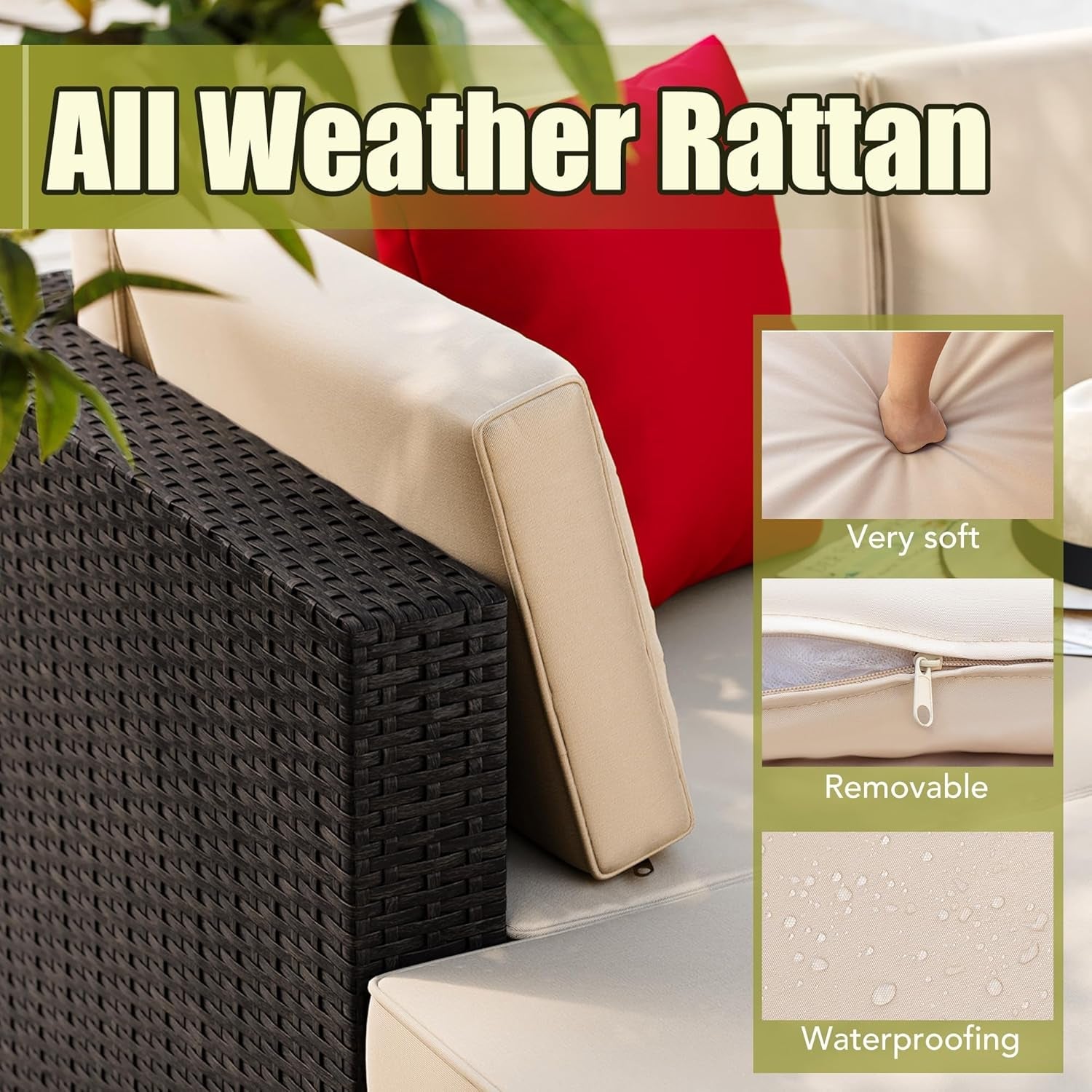5 Piece Patio Conversation Set Wicker Rattan Furniture Outdoor Sofa with Cushions,Pillows & Glass Table for Porch,Lawn and Yard, Light Beige-4