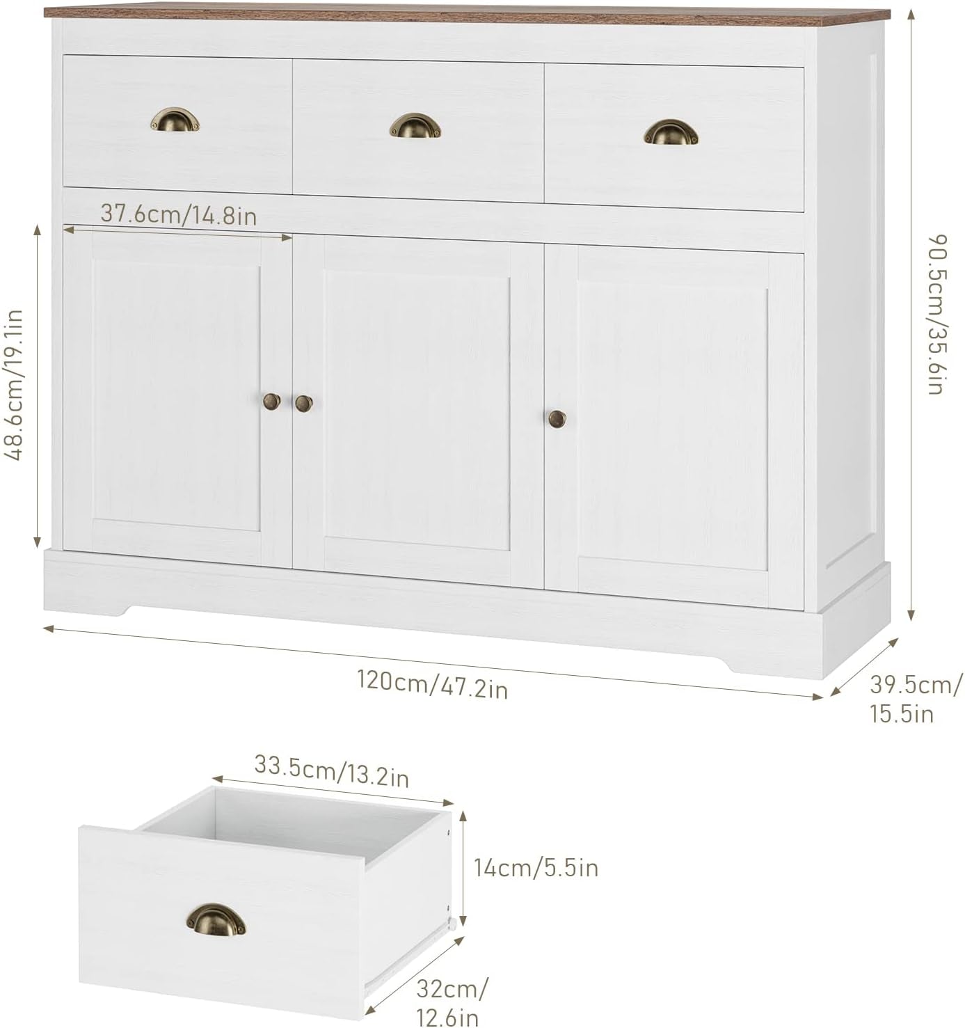 Buffet Cabinet Storage Kitchen Cabinet Sideboard Farmhouse Buffet Server, Antique White-2