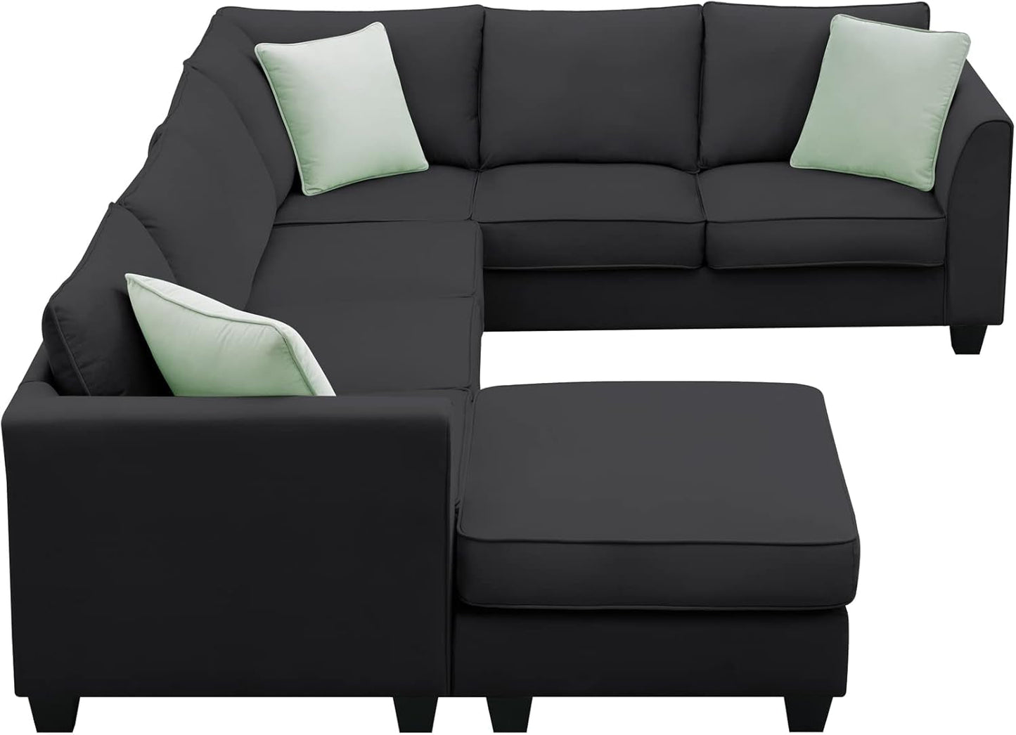 Large U Shaped Sectional Sofa with Removable Ottoman for Living Room, 7 Seats Modular Sofa with Wide Chaise Lounge & 3 Pillows, 112” Fabric Corner Couch Set for Large Space, Black-4