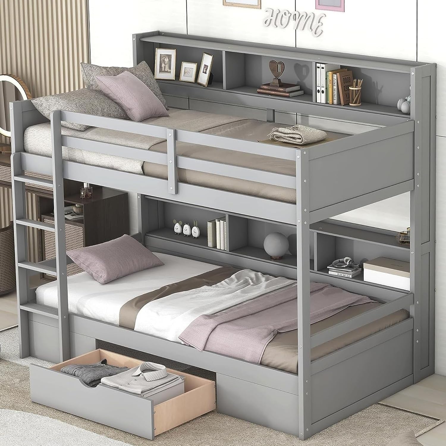 Twin over Twin Bunk Bed with Storage Drawer, Solid Wood Bunk Bed with Built-In Shelves beside Both Upper and down Bed, for Kids Teens Adults (Gray)-0