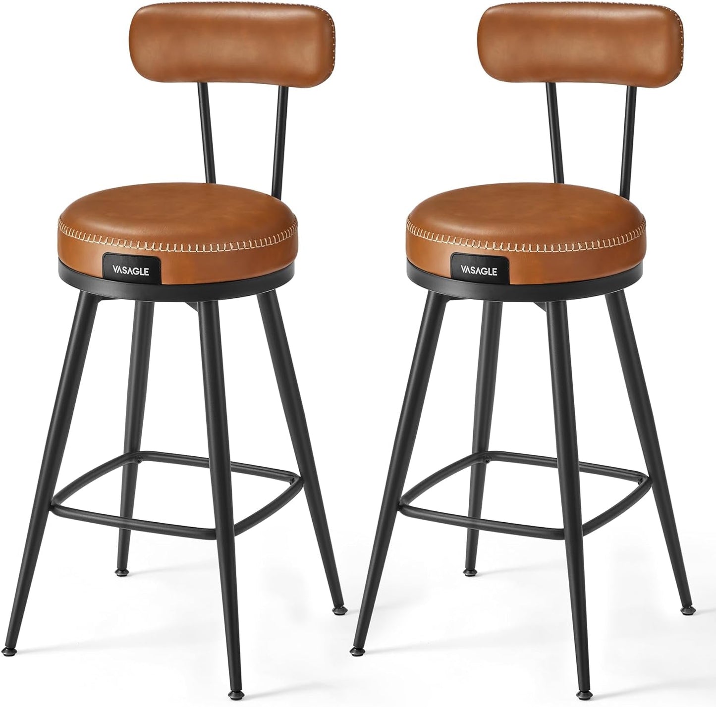 EKHO Collection - Bar Stools Set of 2, Counter Height Swivel Bar Stools with Back, Synthetic Leather with Stitching, Mid-Century Modern, 25.6-Inch Tall Barstools for Kitchen Bar, Caramel Brown-0