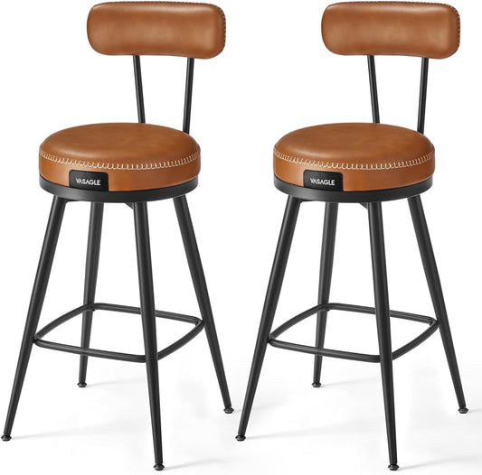 EKHO Collection - Bar Stools Set of 2, Counter Height Swivel Bar Stools with Back, Synthetic Leather with Stitching, Mid-Century Modern, 25.6-Inch Tall Barstools for Kitchen Bar, Caramel Brown-0