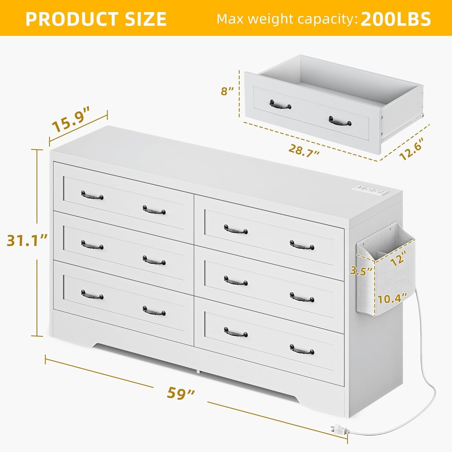 Farmhouse 6 Drawer Dresser for Bedroom, 60 Inch Large Modern Dresser TV Stand with Drawers & Bar Handles, Storage Dressers with Power Outlets, Rustic Wood Chest of Drawers, White-1
