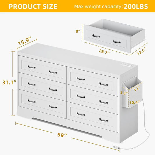 Farmhouse 6 Drawer Dresser for Bedroom, 60 Inch Large Modern Dresser TV Stand with Drawers & Bar Handles, Storage Dressers with Power Outlets, Rustic Wood Chest of Drawers, White-1