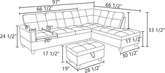 L Shaped Sectional Sofa with Ottoman, Modern Couches for Living Room, Microfiber Facing, Bedroom, Office-1