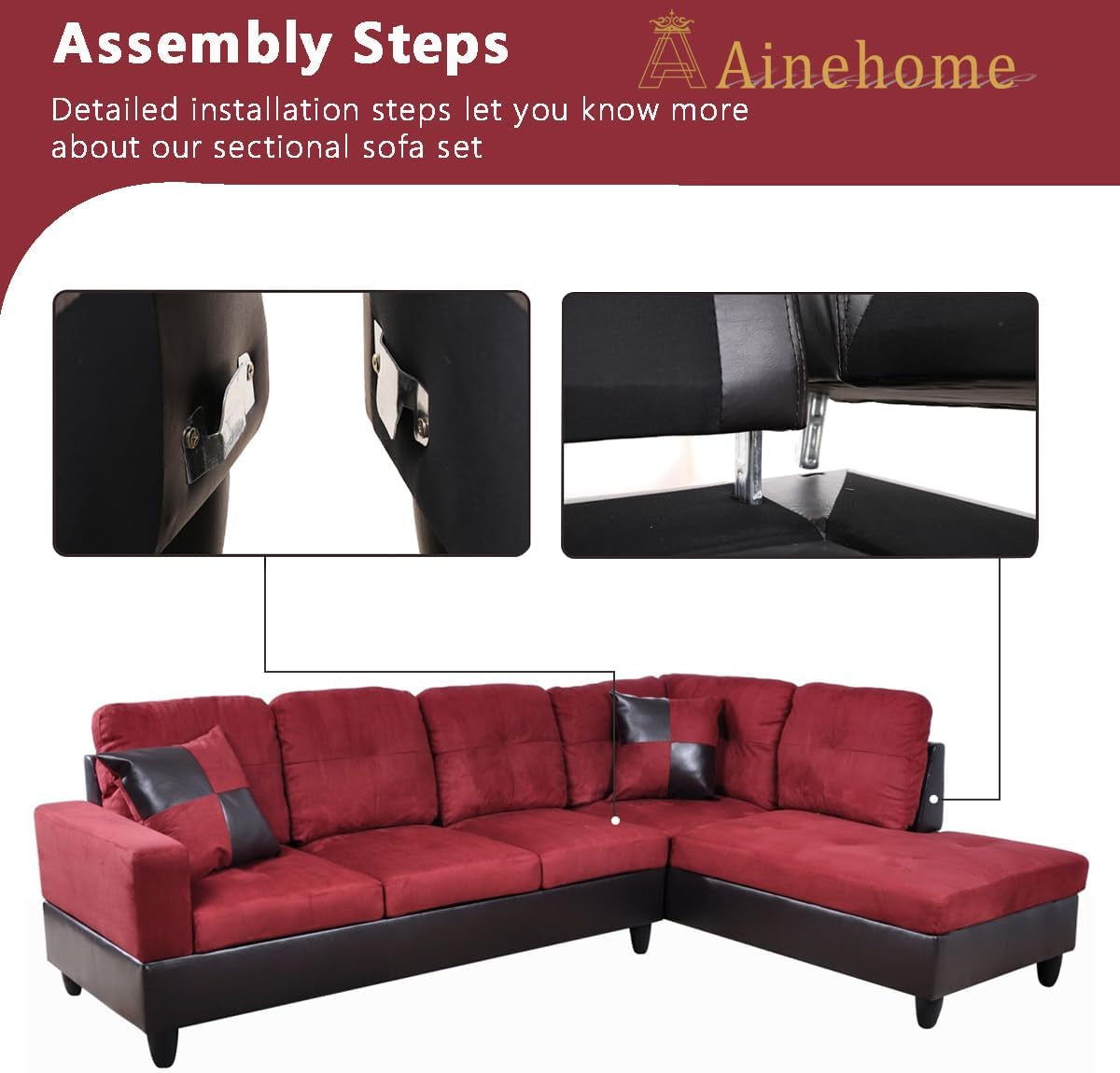 2 Pieces Sectional Sofa Sets, L-Shape Sofa Microfiber Couch Living Room Sofa Set with Chaise Using for Living Room Furniture(A-Red, Right Hand Facing)-4