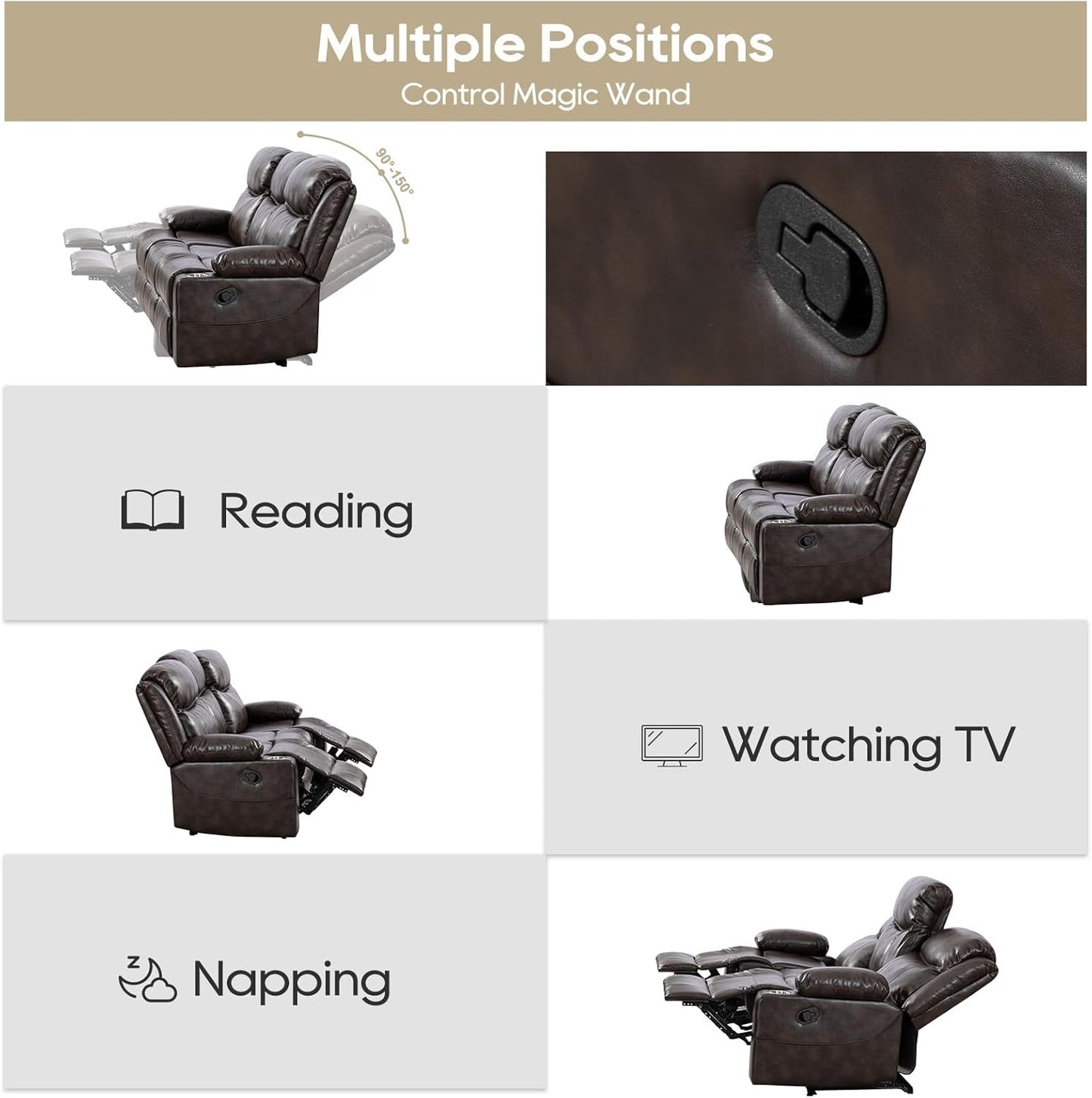 Recliner Sofa Set - Reclining Sofa Couch Set, 2 Pieces Recliner Furniture Sofa Set, 3-Seater Reclining Sofa & 2-Seater Reclining Loveseat with Massage & Heat for Living Room (Brown)-2