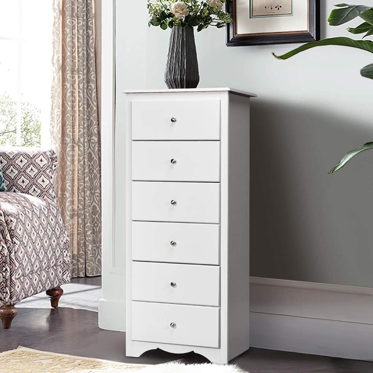 Wooden 6 Drawer Chest, White-1