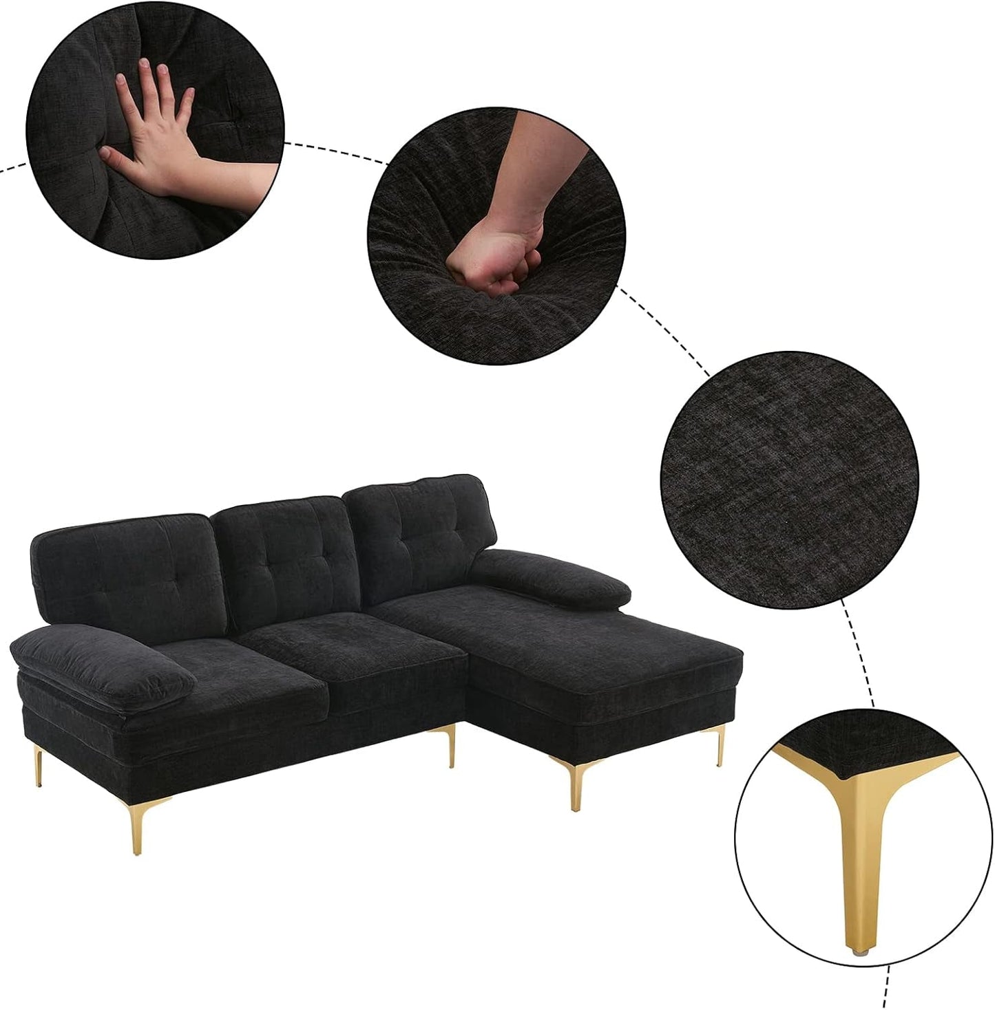 Sectional Sofa 83" L-Shape Sofa Couch 3-Seat Couch with Chaise Chenillefabric Upholstered for Living Room, Apartment, Office, Black-3