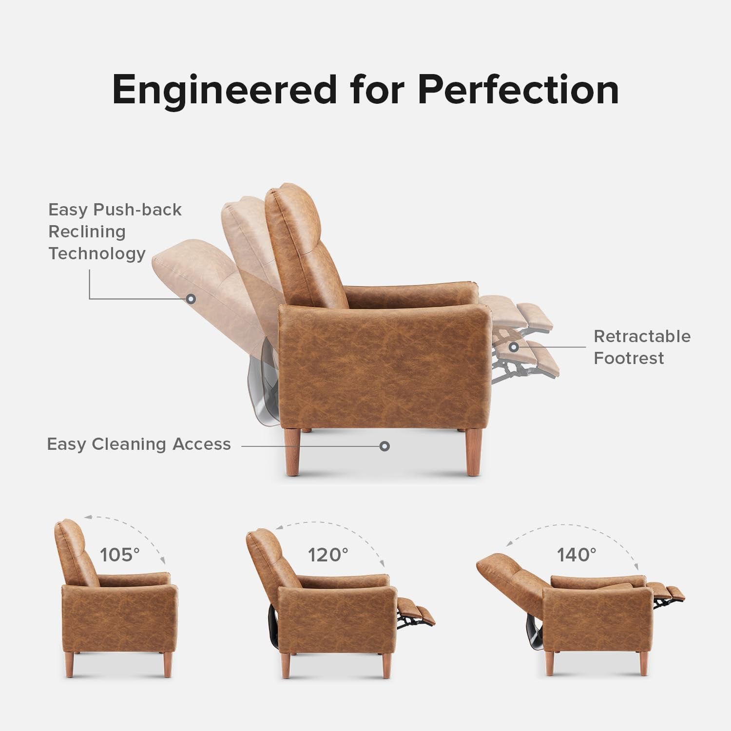 Arthur Recliner Chair with 3 Positions, Accent Chair, Mid Century Modern Reading Chair, High Back Padded Support Comfy Sleeper Armchair (Pecan Brown Faux Leather)-2