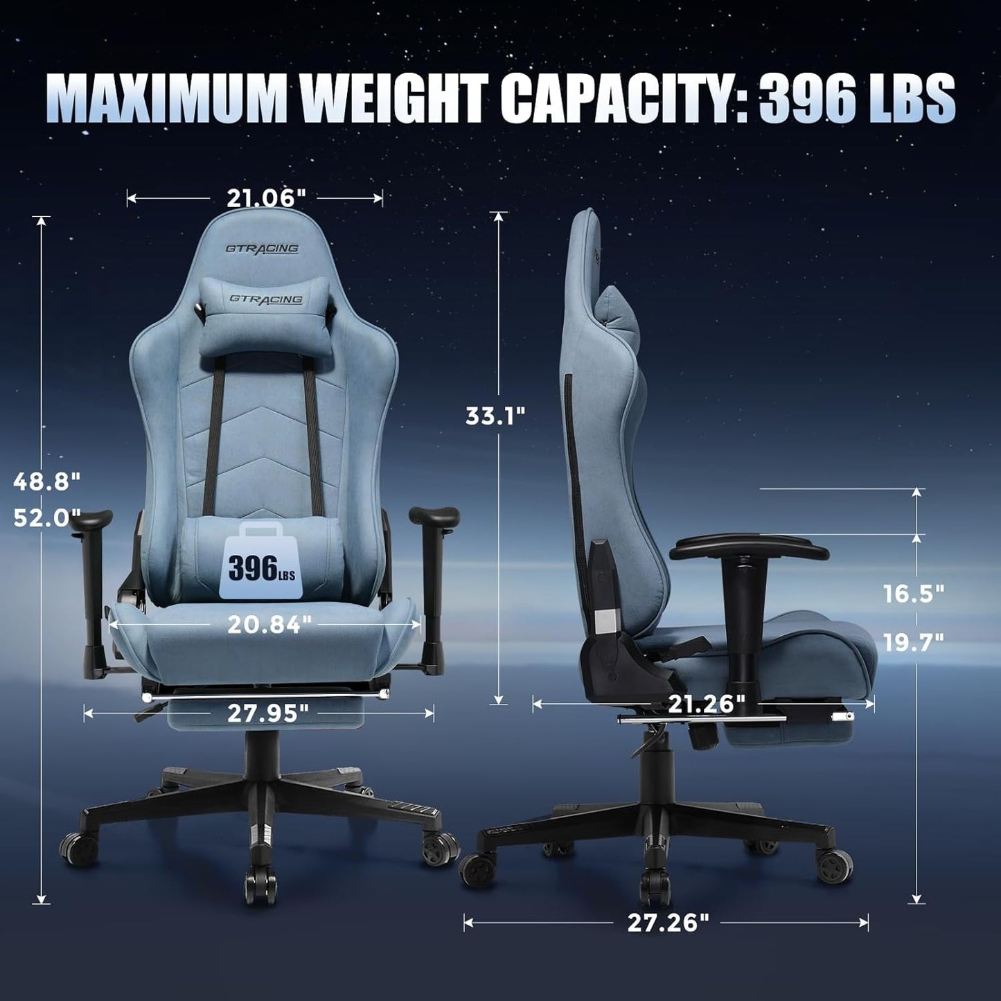 Gaming Chair Breathable Fabric, Racing Style Computer Chair for Adult, Adjustable Reclining Backrest and Lumbar Support, Stylish High Back Chair for Gaming and Office (Light Blue)-1