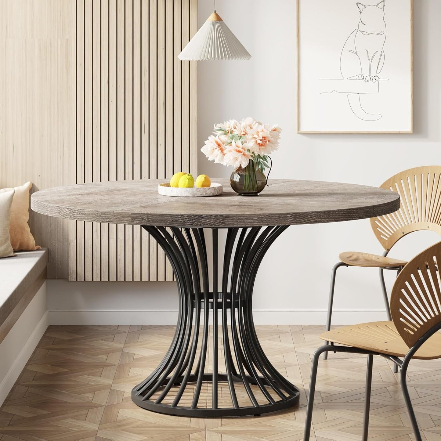 round Dining Table for 4-6 People, 47-Inch Farmhouse Dinning Room Table Circle Kitchen Table, Industrial Dinner Table with Metal Base for Kitchen, Living Room, Grey-4