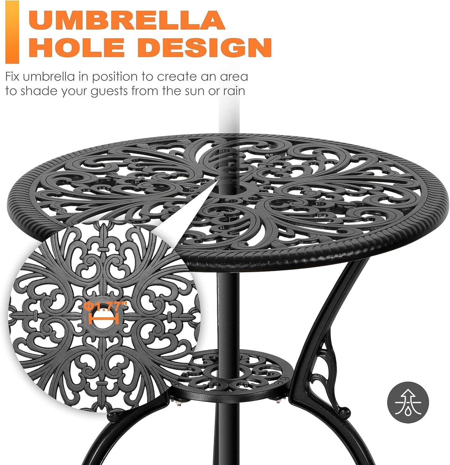 3 Piece Bistro Set Outdoor, All Weather Cast Aluminum Patio Bistro Sets Patio Table and Chairs Set of 2 with Umbrella Hole for Yard, Balcony, Black, Butterfly Backrest-3