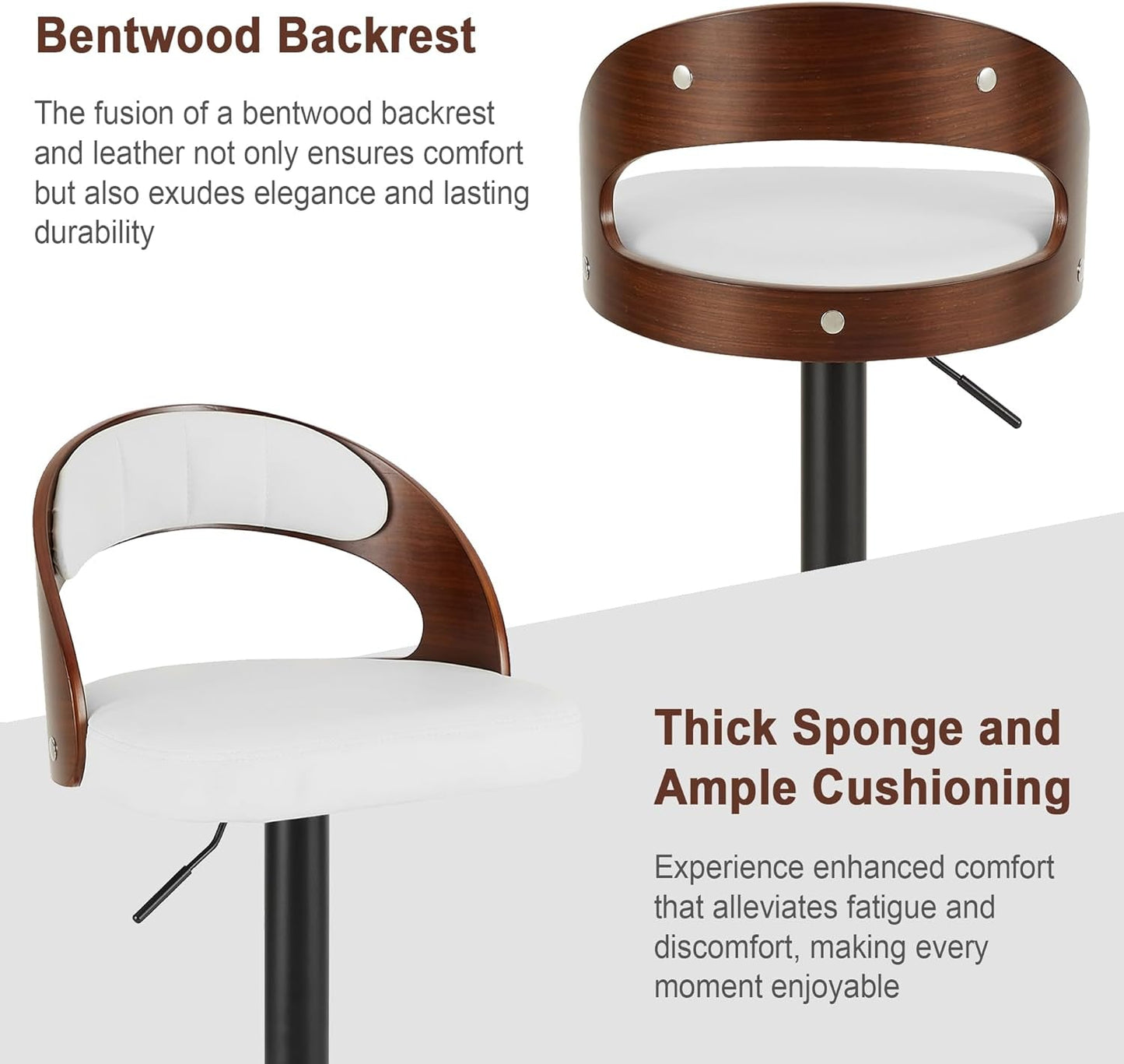 Bar Stool Set of 2, Counter Height Stools with Bentwood Back,Arm&Footrest, PU Leather Cushion Seat Adjustable Height Swivel Barstools for Club Pub,Kitchen Island and Dining Room,Creamy White-3