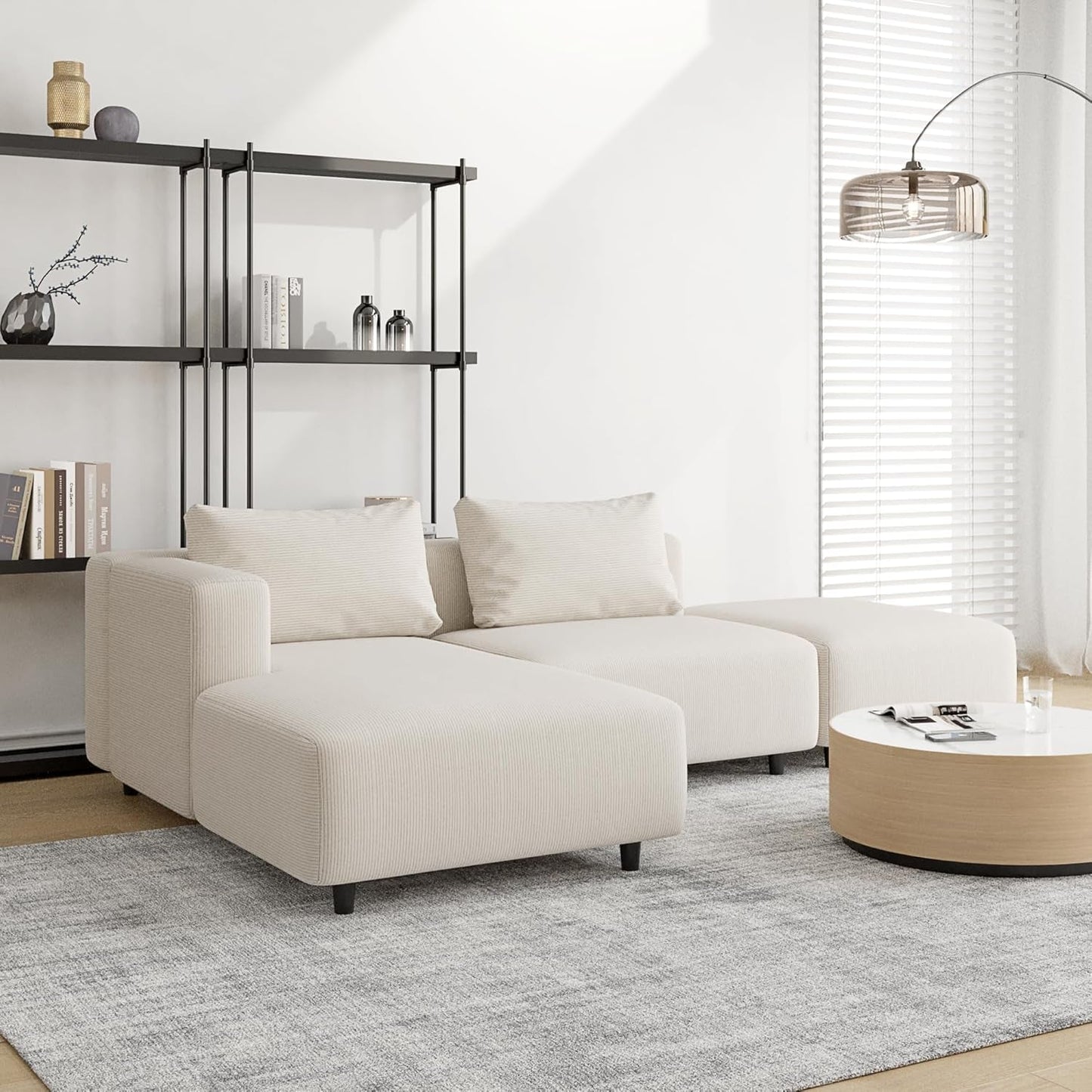 Soft Corduroy Sectional Modular Sofa Set, Modern L-Shaped Chaise Couch for Living Room, Apartment, Office, Small Spaces, Cream-2