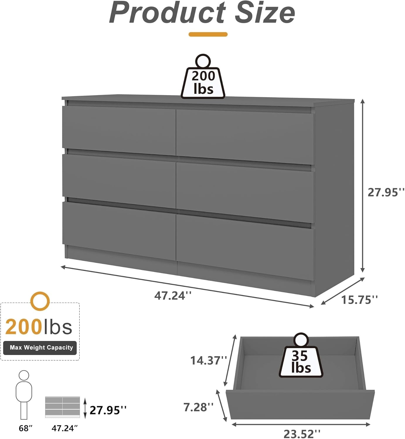 Grey Dresser for Bedroom,6 Drawer Dresser,Chest of Drawers,Modern Wood Dresser,Dresser Bedroom Furniture,Tv Dresser for Closet,Kid'S Room,Nursery-2