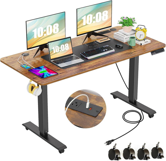 Electric Standing Desk 55 X 24In with Charging Station, Stand up Desk with Oversized Mouse Pad, 2 USB Ports & 3 Power Outlets, 4 Caster, 4 Preset Heights Easy to Set（Brown）-0