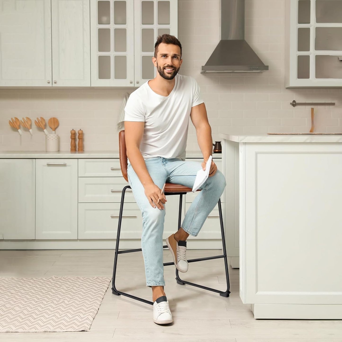 26 Inch Counter Height Bar Stools Set of 4, Modern Faux Leather High Barstools with Back and Metal Leg, Bar Chairs for Kitchen Lsland, Brown-1