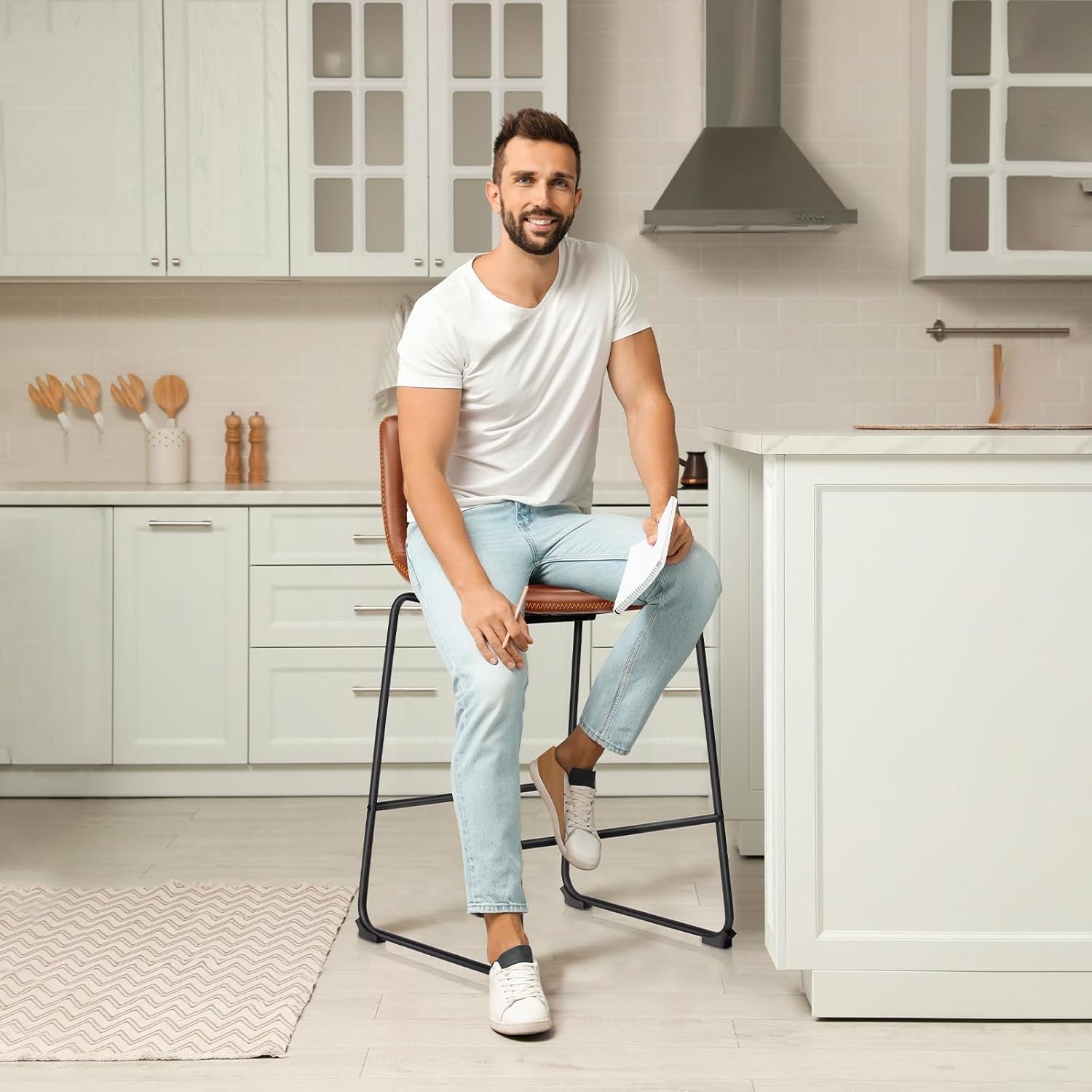 26 Inch Counter Height Bar Stools Set of 4, Modern Faux Leather High Barstools with Back and Metal Leg, Bar Chairs for Kitchen Lsland, Brown-1