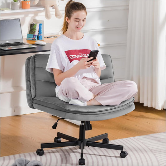 Criss Cross Chair with Wheels, Armless Wide Cross Legged Office Chair Mid Back, Modern Home Office Desk Chair Swivel Adjustable Vanity Computer Chair, Gray Velvet-0
