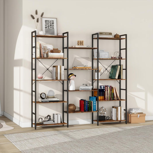 Triple 4/5/6 Tier Bookshelf, Industrial Bookcase with 11/14/17 Open Display Shelves Wide Book Shelf Book Case with Metal Frame for Living Room Home Office (Brown, 5 Tier)-1