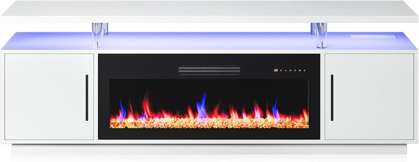 79" TV Stand for Tvs up to 85", LED Light Entertainment Center with 42" Electric Fireplace Heater, Storage Cabinet with USB AC Outlet, Media Console Table for Living Room - Avenue (White)-0