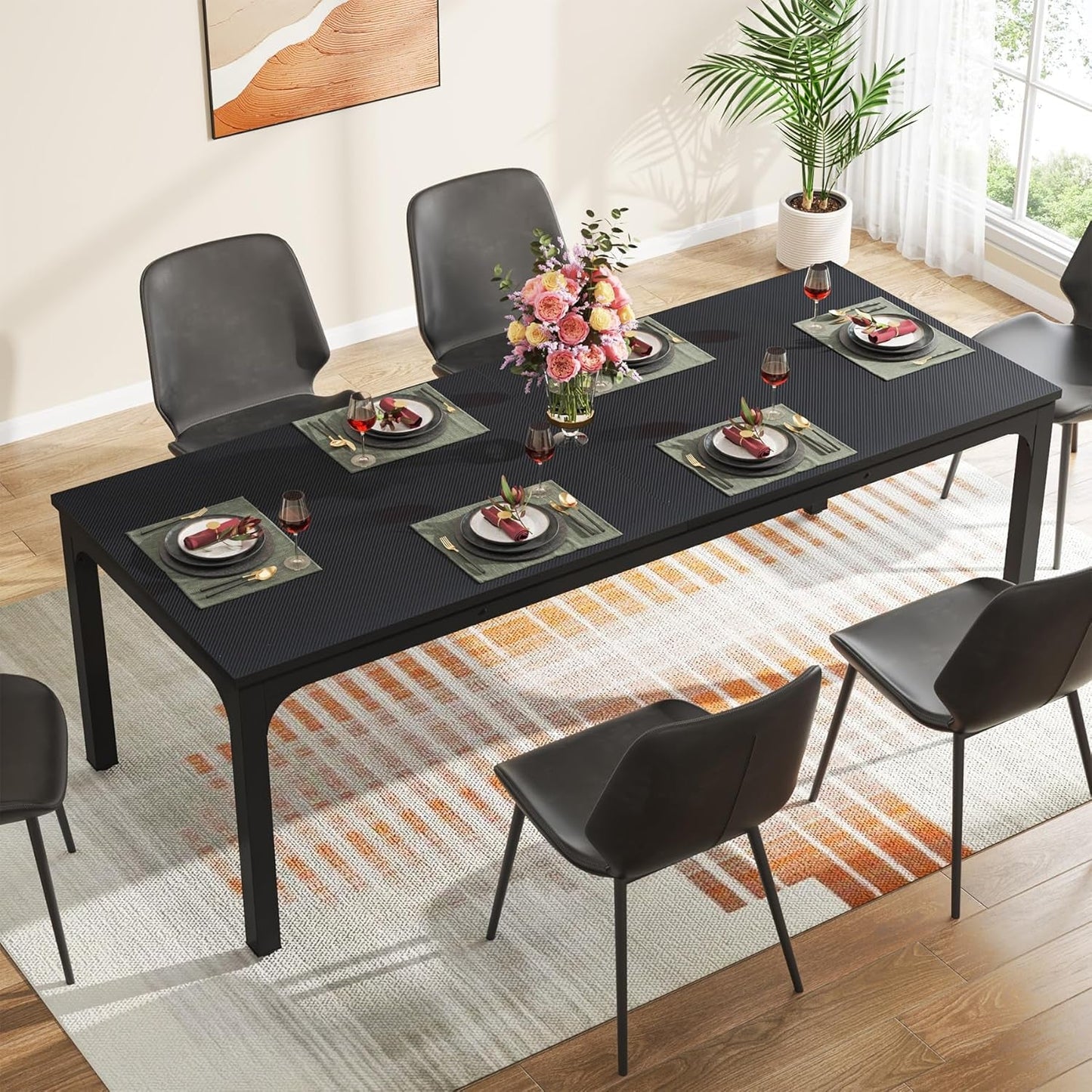 Black Dining Table for 6-8 Person, 78 Inch Large Long Rectangle Kitchen Dinner Table for Dining Room, 78.7 X 27.5 X 29.5 Inches(Only Table)-2
