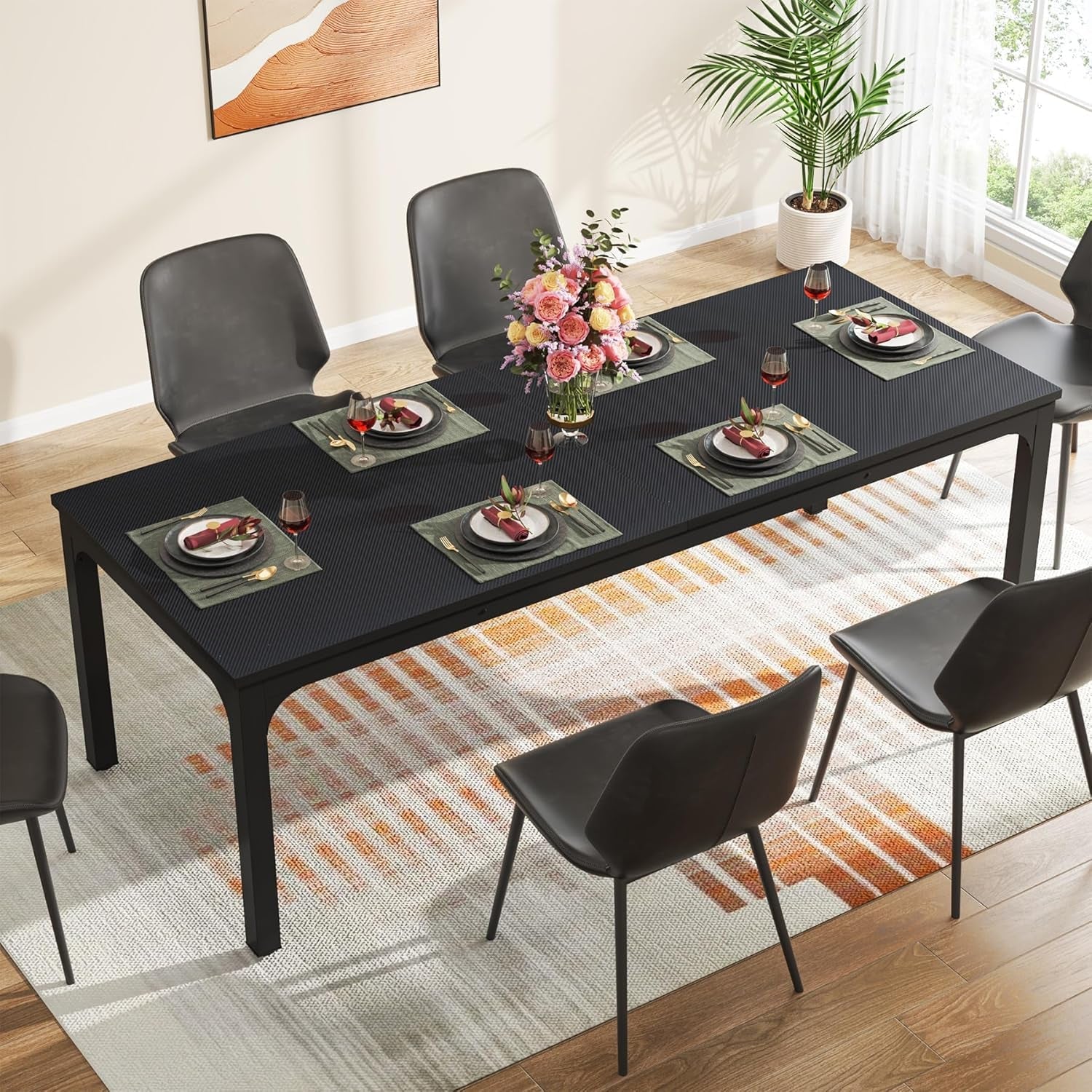 Black Dining Table for 6-8 Person, 78 Inch Large Long Rectangle Kitchen Dinner Table for Dining Room, 78.7 X 27.5 X 29.5 Inches(Only Table)-2