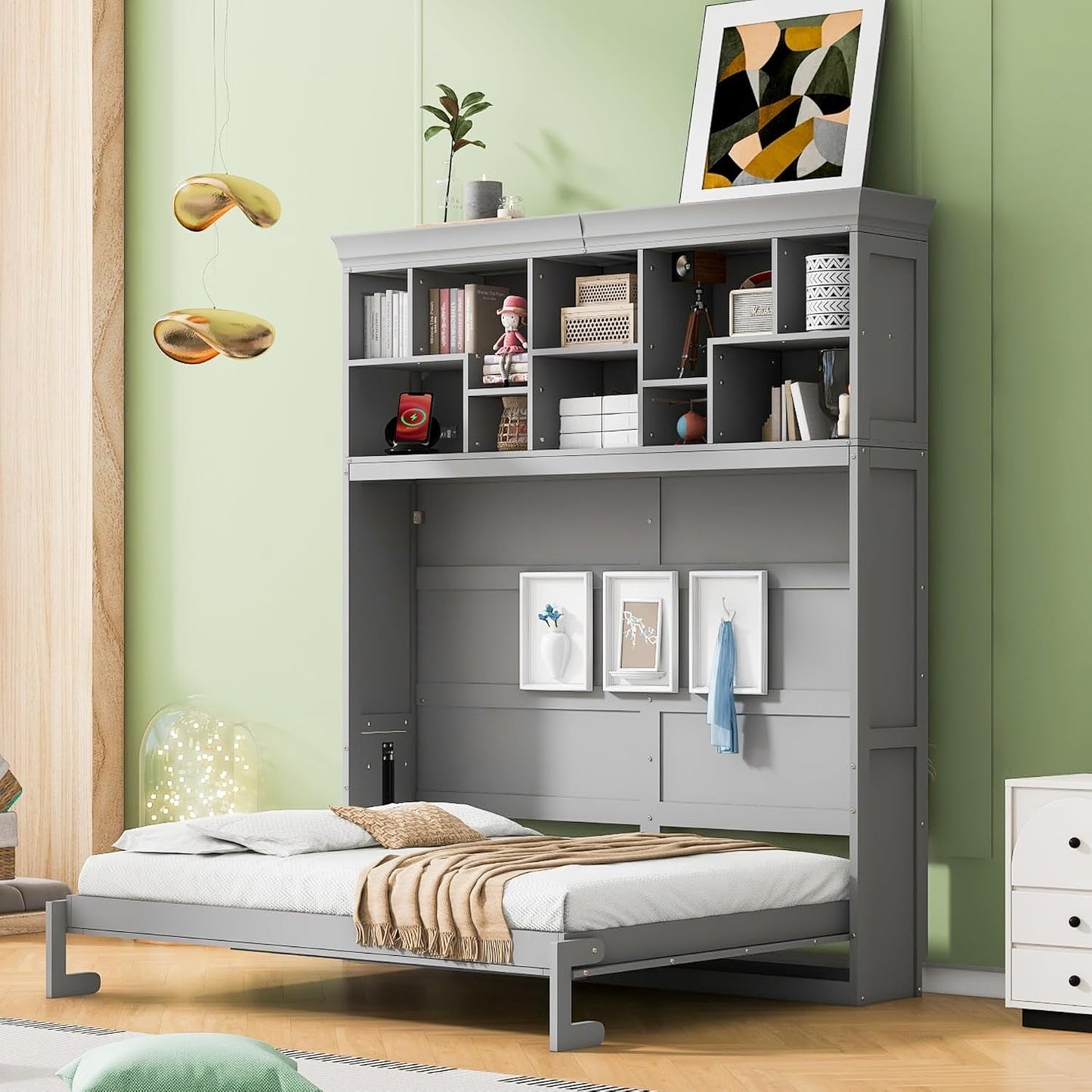 Queen Size Murphy Bed with USB and Top Shelves-0