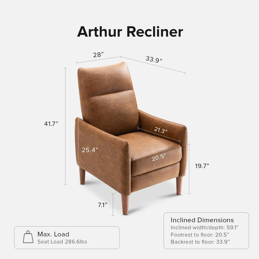 Arthur Recliner Chair with 3 Positions, Accent Chair, Mid Century Modern Reading Chair, High Back Padded Support Comfy Sleeper Armchair (Pecan Brown Faux Leather)-1
