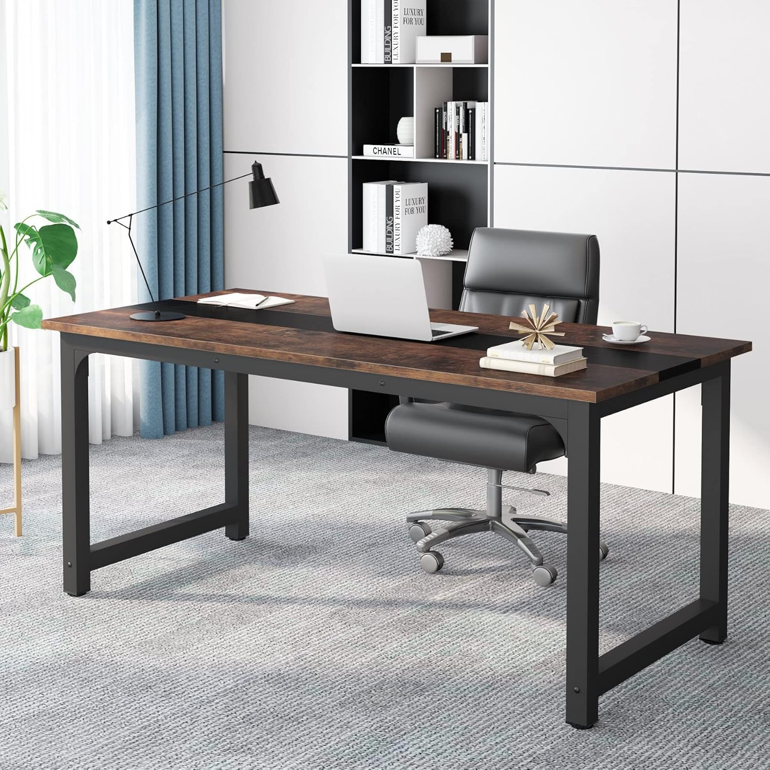 70.8”Executive Desk, Large Office Computer Desk with Thicken Frame, Modern Simple Workstation Business Furniture for Home Office, Vintage Brown/Black-0