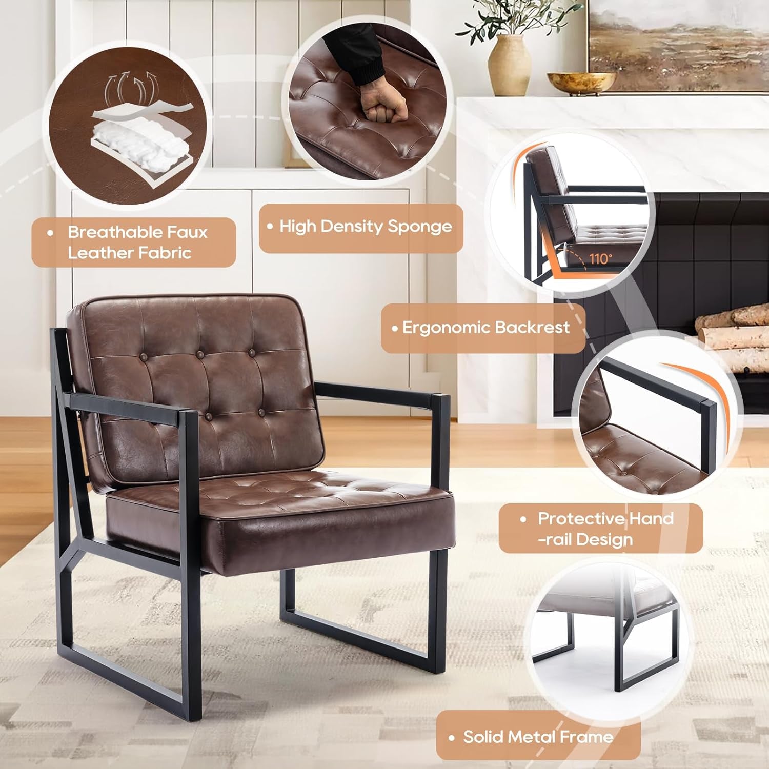 Mid Century Modern Accent Chair Set of 2, Comfy Living Room Chair, Brown Leather Accent Chair, Faux Leather Reception Armchair with Metal Legs for Living Room Bedroom Reception Office, Brown-3