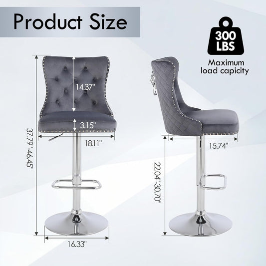 Velvet Adjustable Swivel Bar Stools Set of 4, High Tufted Back Modern Counter Height Stools Chrome Footrest/Lion Pull Ring/Rivet Trim/Diamond Pattern Kitchen Dining Pub Bar Chairs, Dark Grey-1