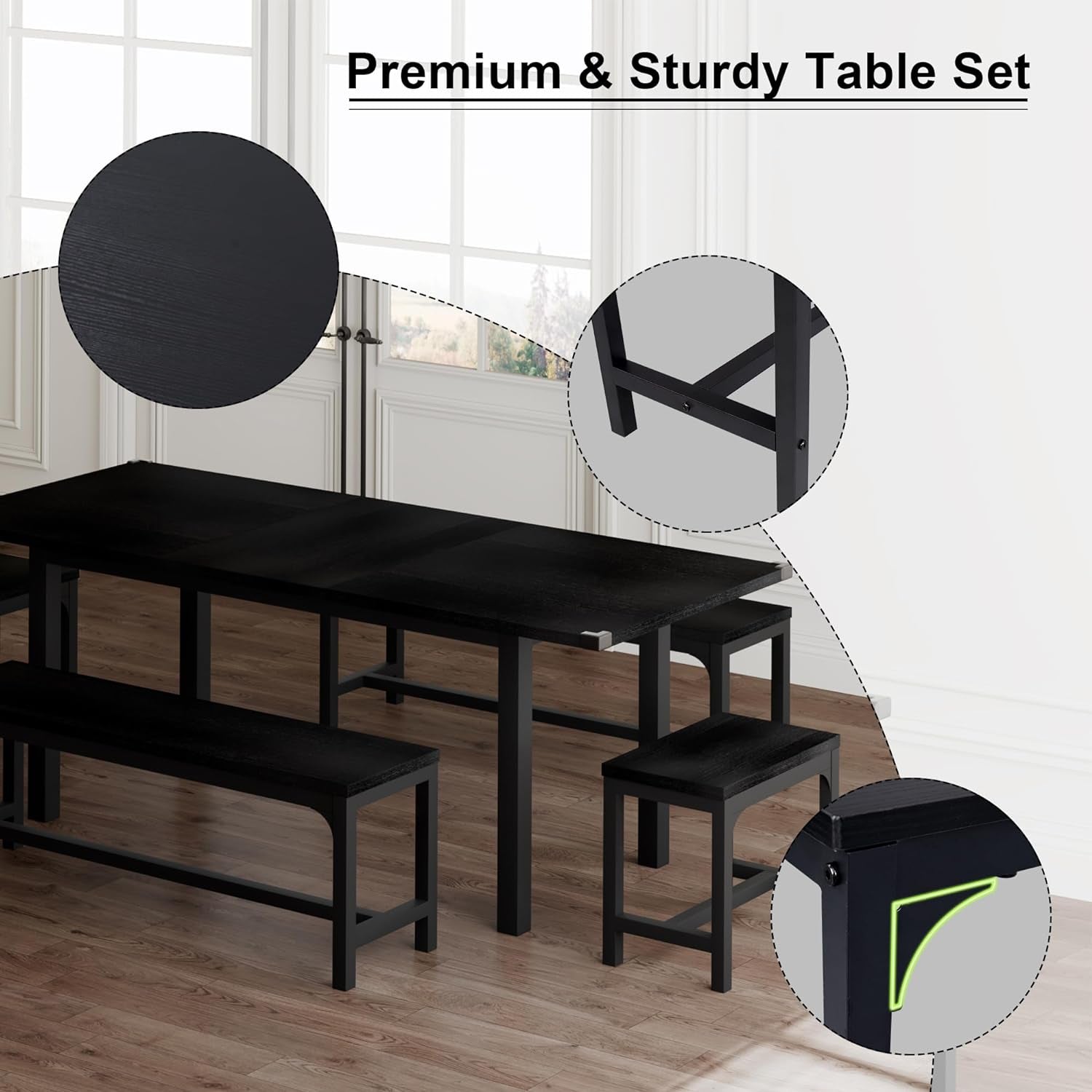 5-Piece Dining Table Set for 4-8 People, 63" Large Extendable Kitchen Table Set with 2 Benches and 2 Square Stools, Dining Room Table with MDF Wood Board, Easy Assembly, Black-4