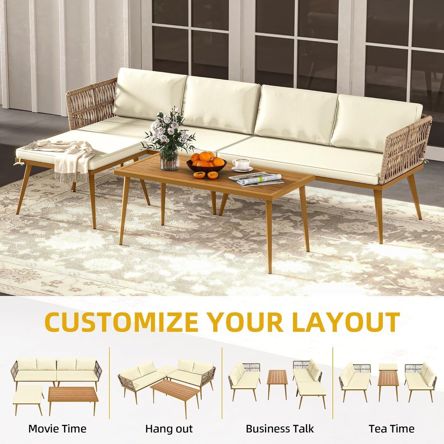 4 Pieces Patio Furniture Set, Sectional L-Shaped Sofa for Patio Backyard Poolside Porch, All-Weather Rattan Woven Conversation Set Detachable Lounger with Side Table & Cushions (Beige)-4